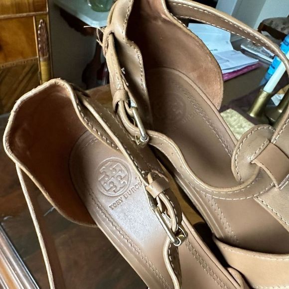 Tory Burch Leather Wedge Strappy Slingback Sandals Cork - Picture 7 of 9